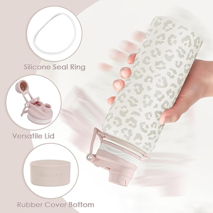 SANDJEST Beige Leopard Skin Stainless Steel Water Bottle with Strap 32oz, Insulated Bottles with Straw and Spout Lid for Gym Sports Travel Outdoor, Gifts for Women Girls Birthday Christmas