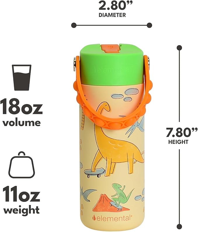 Elemental 100% Leak Proof When Spout is Closed Insulated Kids Water Bottle, Stainless Steel Bottle for School with Straw Lid & Pop-It Handle, Skater Dinos & Green Camo -18oz (2 Pack)