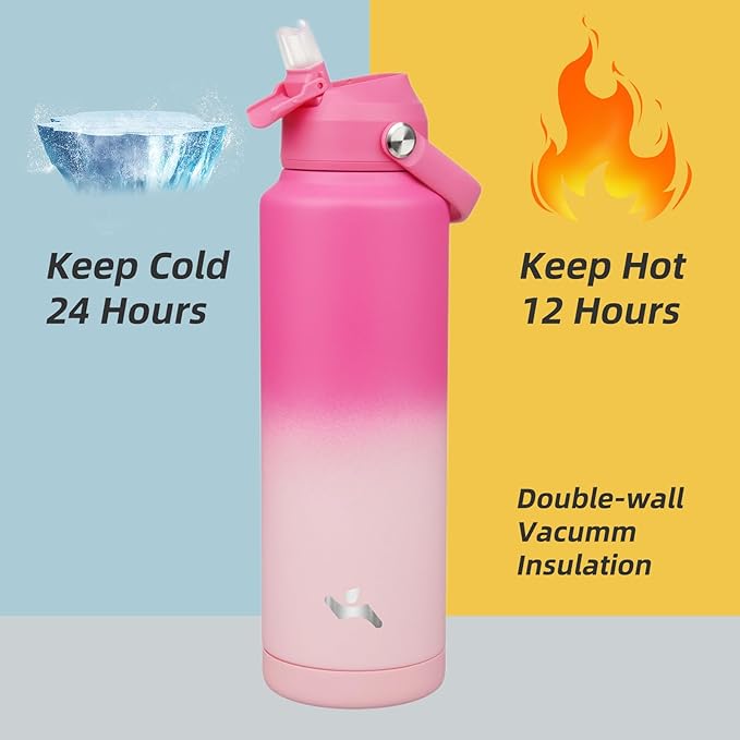 Insulated Water Bottle with Straw Lid,40 oz Stainless Steel Vacuum Metal Bottle with Silicone Handle,Cherry Blossom