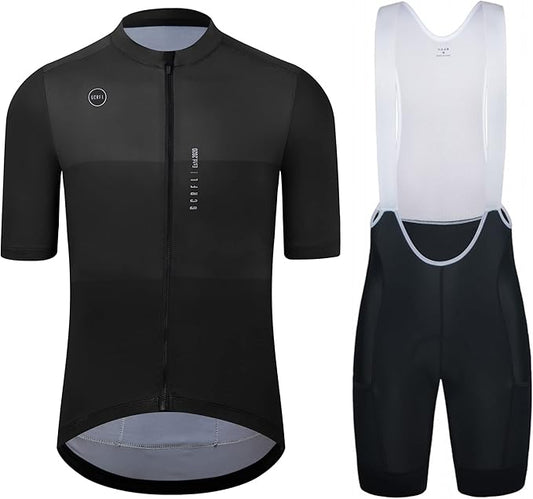 Men's Cycling Jersey Set Cycling Kit Bicycle Jersey Rear Zipper Pocket Bike Bib Shorts with Pockets Race Fit High Density Pad