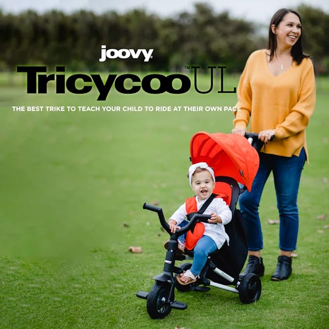 Joovy Tricycoo UL Kids Tricycle with 8 Stages Featuring 3 Rubber Tires, Removable and Adjustable Parent Handle, Safety Harness, 3-Position Recline Seat, and Retractable Canopy, Goldy