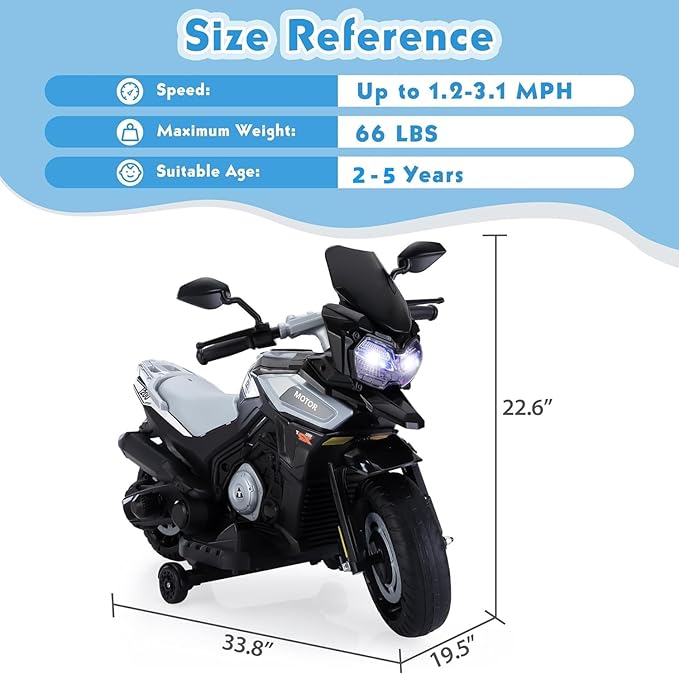 TOBBI 12V Electric Motorcycle for Kids Ride on Toys Toddler Motorbike Battery Powered Off-Road Dirt Bikes w/Music/Headlights/Training Wheels, Gifts for Boys & Girls, Silver