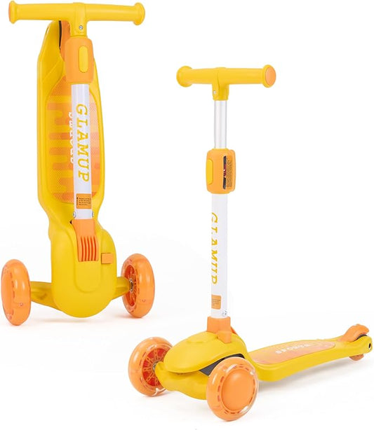 GLAMUP Kids Kick Scooter 3 Wheels, Kids Scooter Height Adjustable Handlebar, Lean-to-Steer System & Easy-Folding Mechanism, Ages 3-14 Boys and Girls