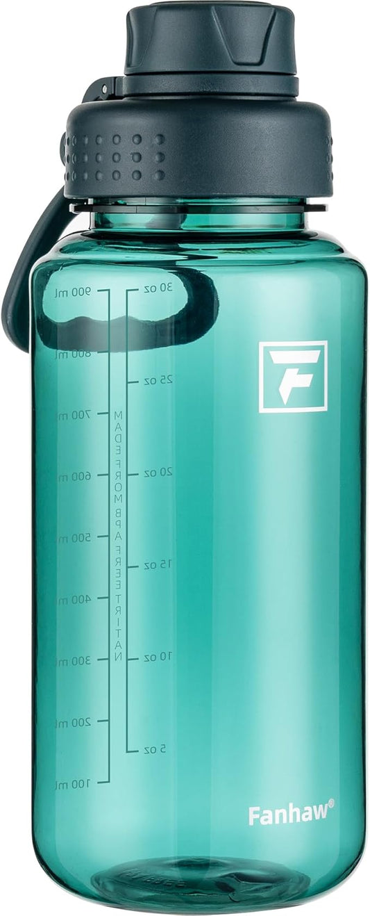 Fanhaw 32 oz Clear Water Bottle with Fast-Flow Spout Lid, BPA-Free Tritan, Wide Mouth, Leakproof, Reusable Bottle for Gym, School, Office, Travel (Dark Green)