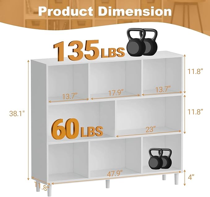 8 Cube Storage Organizer | White Bookshelf|3 Shelf Bookcase |Bookshelf tv Stand |-Cubic Storage Cabinet（Storing Books,Toys & More Easy to Install）