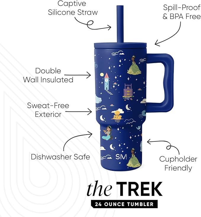 Simple Modern Disney Kids 24 oz Tumbler with Handle and Silicone Straw Lid | Spill Proof and Leak Resistant | Stainless Steel Bottle | Gift for Kids Boys Girls | Trek Collection | Princess Dreams
