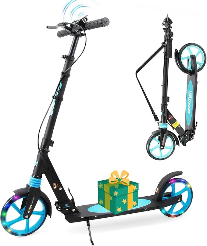 Scooter for Kids Ages 8+ Teens & Adults, Lightweight Kick Scooter with Carry Strap Adjustable Height Equipped with Front handbrake and Rear Brake, Big Sturdy PU Flash Wheels