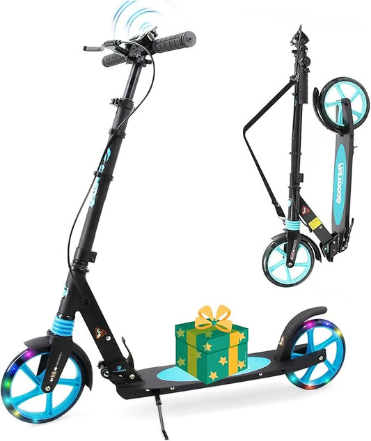 Scooter for Kids Ages 8+ Teens & Adults, Lightweight Kick Scooter with Carry Strap Adjustable Height Equipped with Front handbrake and Rear Brake, Big Sturdy PU Flash Wheels