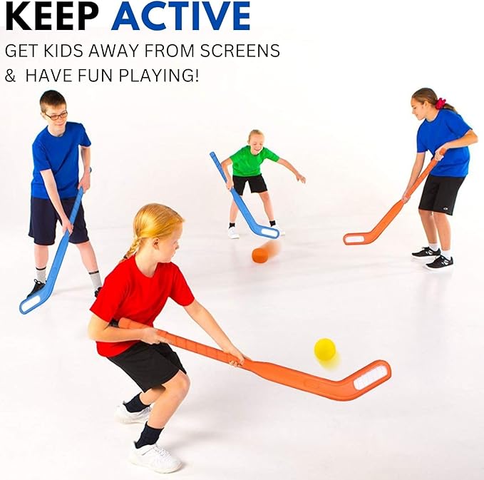 Kids Floor Hockey Stick Bulk Set - 29" Youth Indoor Toys Sports Starter Set with Large Plastic Pucks and Balls for Toddlers, Children (6 Pack)