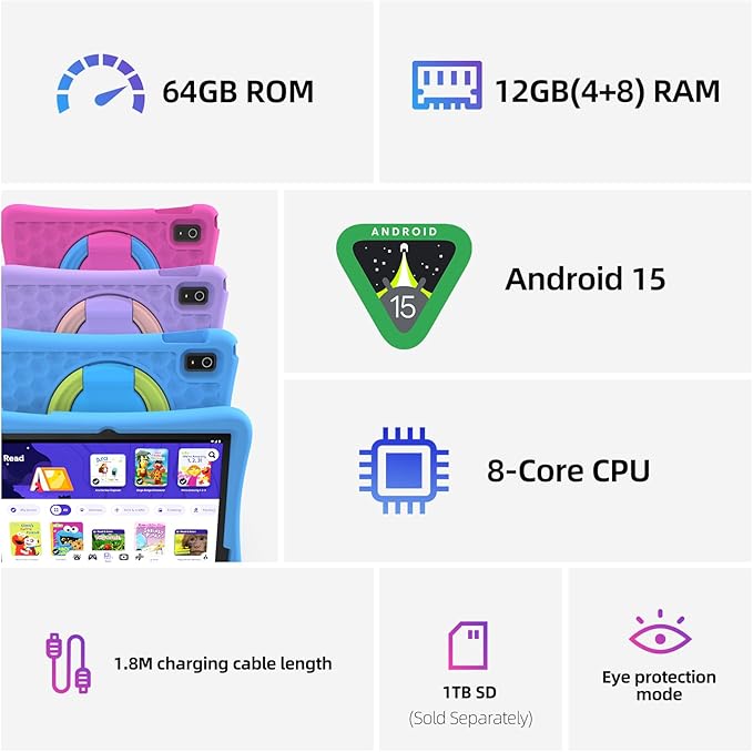 plimpton 2025 Upgraded Kids Tablet, 10 Inch Android 15 Tablet for Kids with Case Included, Octa-Core, Google Kids Space, Parental Control, 4GB+64GB, WiFi, BT5.3, YouTube, Gift for Toddler