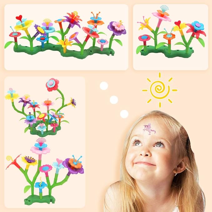 VERTOY Gifts for 3 4 5 6 Year Old Girls, Flower Garden Building Toys Set for Toddlers, STEM Preschool Activities and Gardening Pretend Playset, Stacking Game for Age 3+ Little Kids