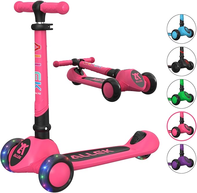 Allek Kick Scooter Foldable F02, 3-Wheel LED Flashing Glider and 4 Adjustable Height with Anti-Slip Thick Deck Push Scooter for Children 3-12yrs