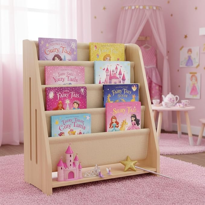 Baby Bookshelf Wood Montessori Kids Book Shelf Dutch Design 5Tier Scalloped,NaturalMapleWood Pattern