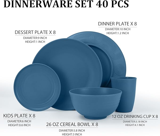 40-Piece Wheat Straw Dinnerware Sets,Unbreakable Dishes Set for 8 - Drinking Cups, Plates and Bowls Sets, Reusable Microwave Safe Dinnerware Set for Home, Outdooor, RVs - Blue