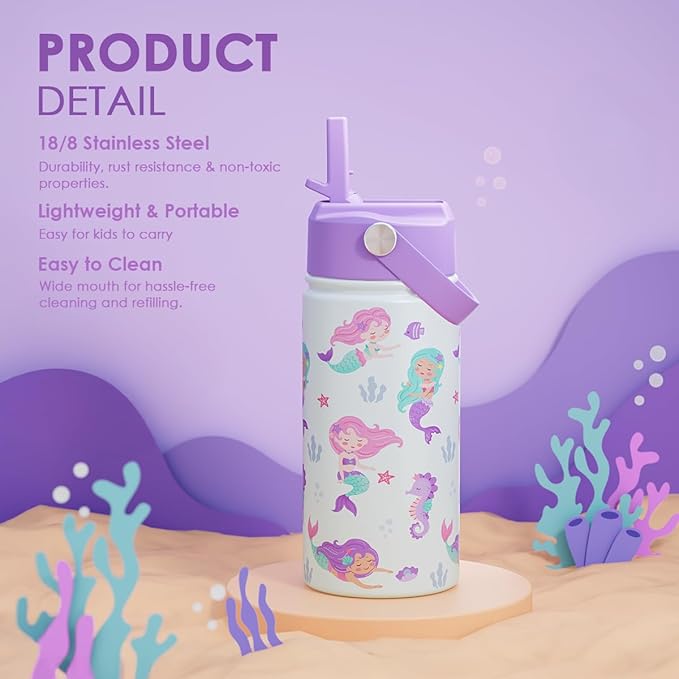 Mermaid Kids Water Bottle With Straw Lid 12oz Insulated Stainless Steel, Travel Tumbler, Gifts For Girls, Birthday, Christmas, Back To School