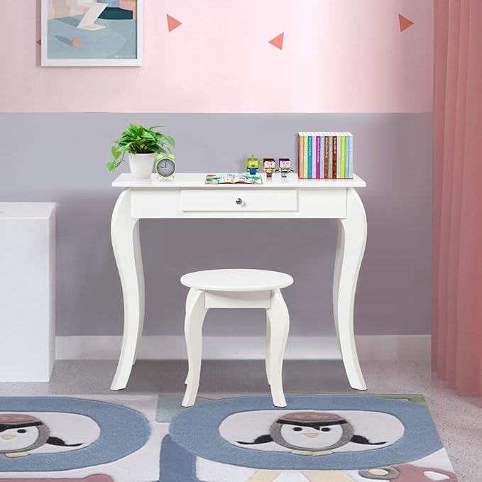 HONEY JOY Kids Vanity Set with Mirror, Toddler Wooden Vanity Table with Stool & Drawer, Removable Top, Princess Pretend Play Beauty Makeup Dressing Table Playset for Little Girls(White)