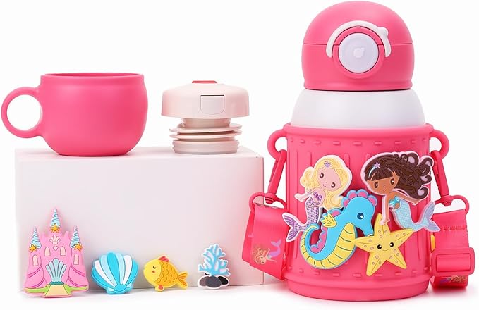 Kids Insulated Tumbler Set – 16 oz Stainless Steel Bottle with 2 Lids (Straw + Pour), Screw-On Cup, Adjustable Strap, Silicone Sleeve + 8 Charms – BPA-Free, Gift-Ready (Mermaid)