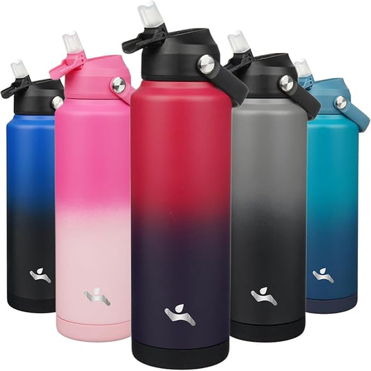 Insulated Water Bottle with Straw Lid,40 oz Stainless Steel Vacuum Metal Bottle with Silicone Handle,Rosy Red