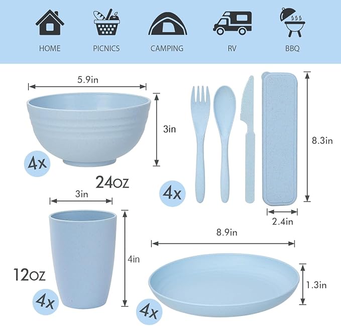 Wheat Straw Dinnerware Sets for 4, Wheat Straw Plates and Bowls Sets Kitchen Dishes 28pcs College Dorm Room Essentials Cutlery Set Microwave Safe (Blue)