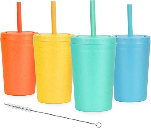 Homestockplus Reusable Wheat Straw Cups with Lids and Silicone Straws, 10 Oz Chip Resistant E-Co Friendly Small Water Cups for Milk, Drinks, Smoothies - 4 Colors