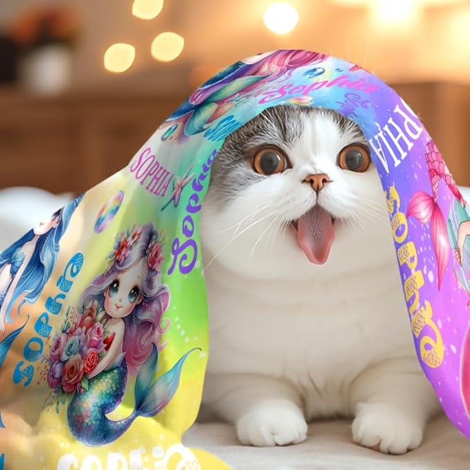 Custom Girl Blanket with Name Personalized Cute Mermaid Blanket for Newborn Customized Soft Flannel Throw Blanket Memorial Gift for Toddler on Birthday Baby Shower Christmas