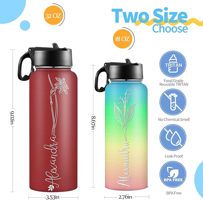 Custom Water Bottle with Birth Month Flower Personalized Water Bottles with Straw Lid Stainless Steel Customized Text Name Double Wall Insulated Cup Birthday Gifts for Kids Women Men Sports
