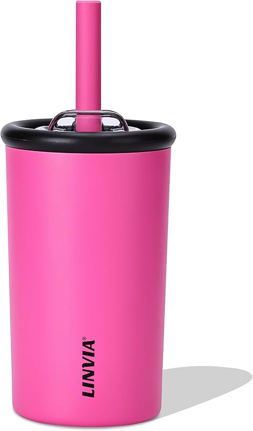 Candy Tumbler, 12 oz Kids Insulated Stainless Steel Water Bottle with Spill Resistant Silicone-Metal Straw and 2-in-1 Lid, BPA-Free, Cup Holder Friendly, Dishwasher Safe, Hot Pink