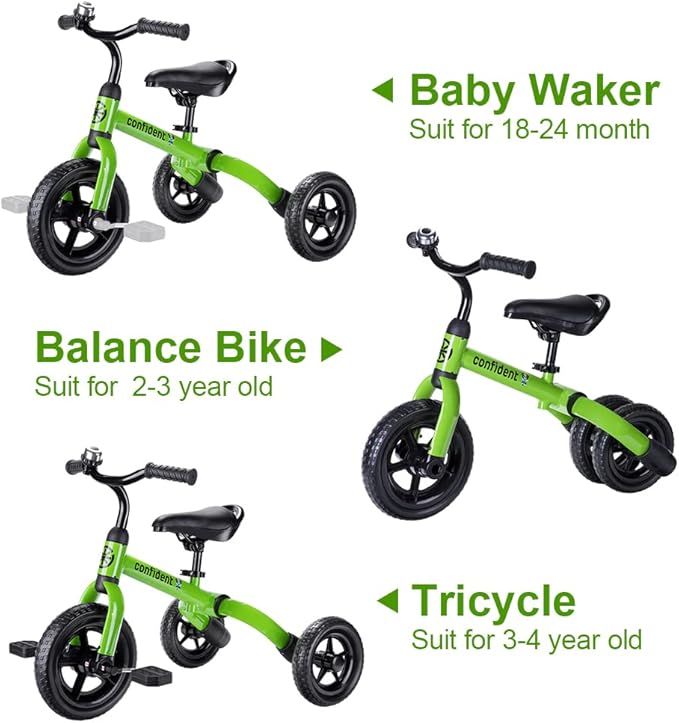 YGJT 3 in 1 Tricycle for Toddlers Age 2-5 Years Old, Folding Kids Balance Bikes with Adjustable Seat and Removable Pedal, Ride-on Toys for Infant, Gift for Baby Boys Girls Birthday(Green)
