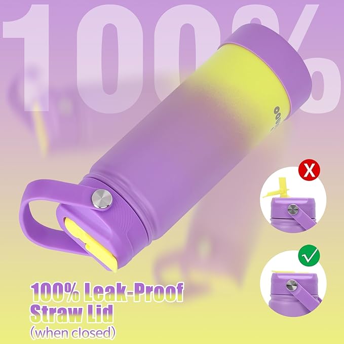 Mininoo Insulated Stainless Steel Kids Water Bottle for School with Straw Lid & Strap, 50 Stickers, 18 oz(Purple/Yellow)