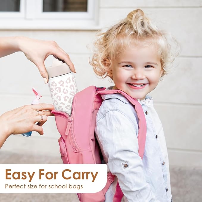 Beige Leopard Print Kids Water Bottle with Straw Lid 12oz Insulated Stainless Steel, Travel Tumbler, Gifts for Girls, Birthday, Christmas, Back to School