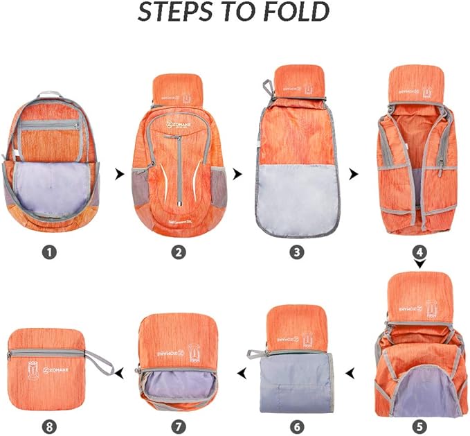 ZOMAKE 25L Ultra Lightweight Packable Backpack, Foldable Hiking Backpacks Water Resistant Small Folding Daypack for Travel(Orange)