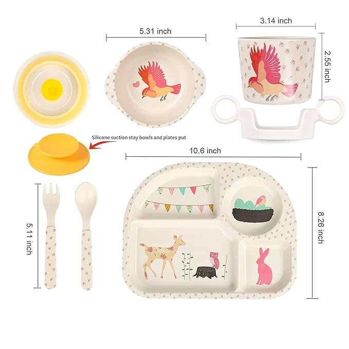 shopwithgreen 7Pcs/Set Bamboo Kids Dinnerware Set - Children Dishes - Food Plate Bowl Cup Spoon Fork Set Dishware, Cartoon Tableware, Dishwasher Safe Kids Healthy Mealtime, BPA Free