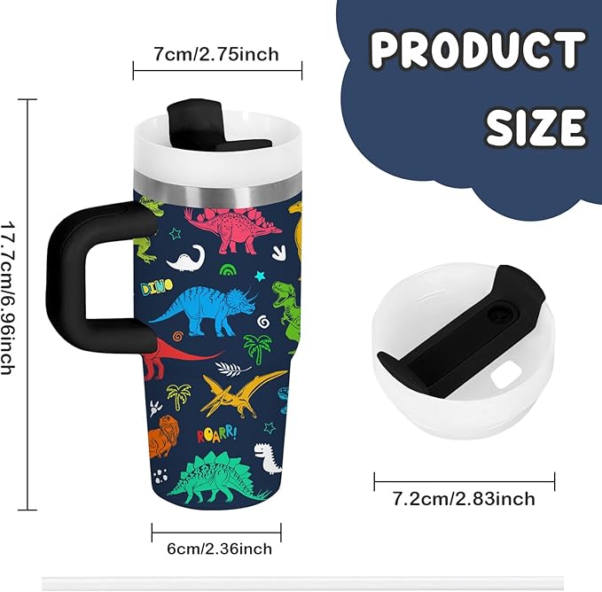 Dinosaur Tumbler Gifts, 14oz Dinosaur Themed Tumbler with Handle and Straw, Stainless Steel Double Wall Vacuum Insulated Cup Keep Hot Cold - 14oz Travel Mug with Lid Tumblers for Home Work Outdoor Use