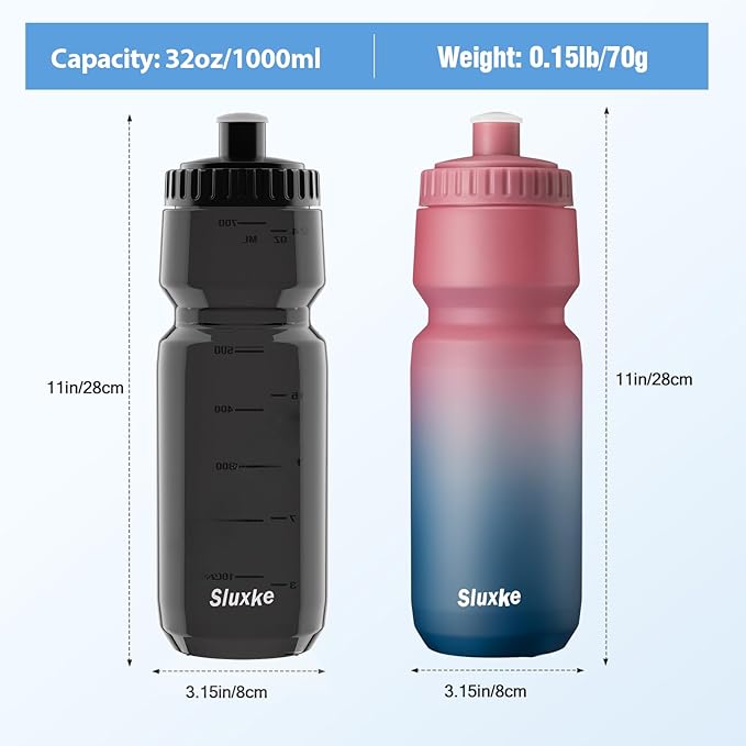 32oz Bike Water Bottle Squeeze 2Pack, 1000ml Sports Bicycle Water Bottle BPA Free, Lightweight Fits Most Bicycle Bike Cages