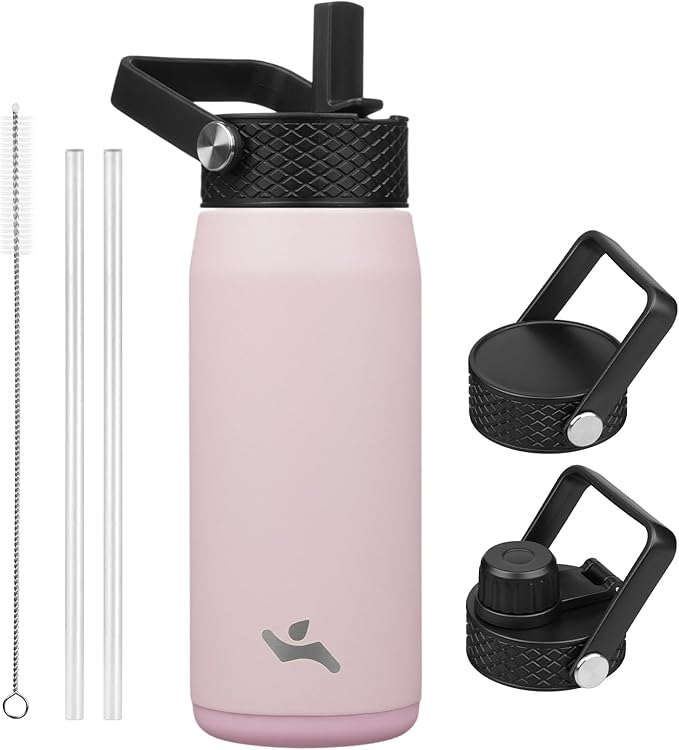 20oz Insulated Stainless Steel Water Bottle with Straw and 3 Lids, BPA-Free Sports Water Bottle,travel water bottle,Pink