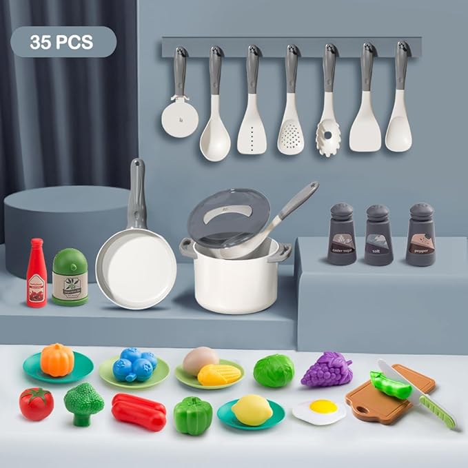 35Pcs Kids Kitchen Toy Accessories, Toddler Pretend Cooking Playset with Play Pots, Pans, Utensils, Cookware, Play Food Set, Toy Vegetables, Learning Gift for Girls & Boys (White)
