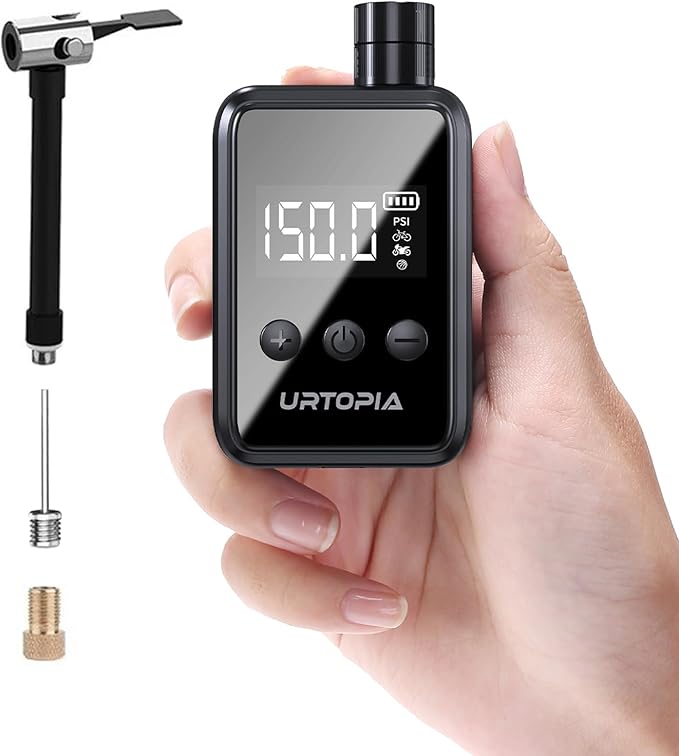 URTOPIA Mini Bike Tire Pump, Fast Inflate Bicycle Pump with Gauge, Rechargeable 150PSI Portable Electric Bike Air Pump with Presta and Schrader Valve for Road Bike, Ebike, Motorcycle, Ball