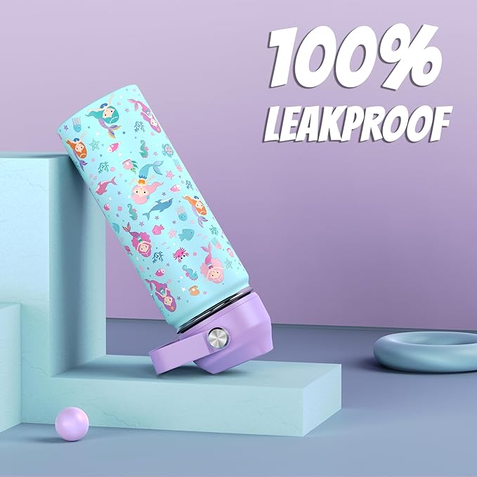 18oz Kids Insulated Water Bottle with Straw Lid - 18/8 Stainless Steel Kid Cup Travel Tumbler Double Wall Vacuum Leak Proof Portable Toddler Water Bottle (Butterfly+Mermaid）
