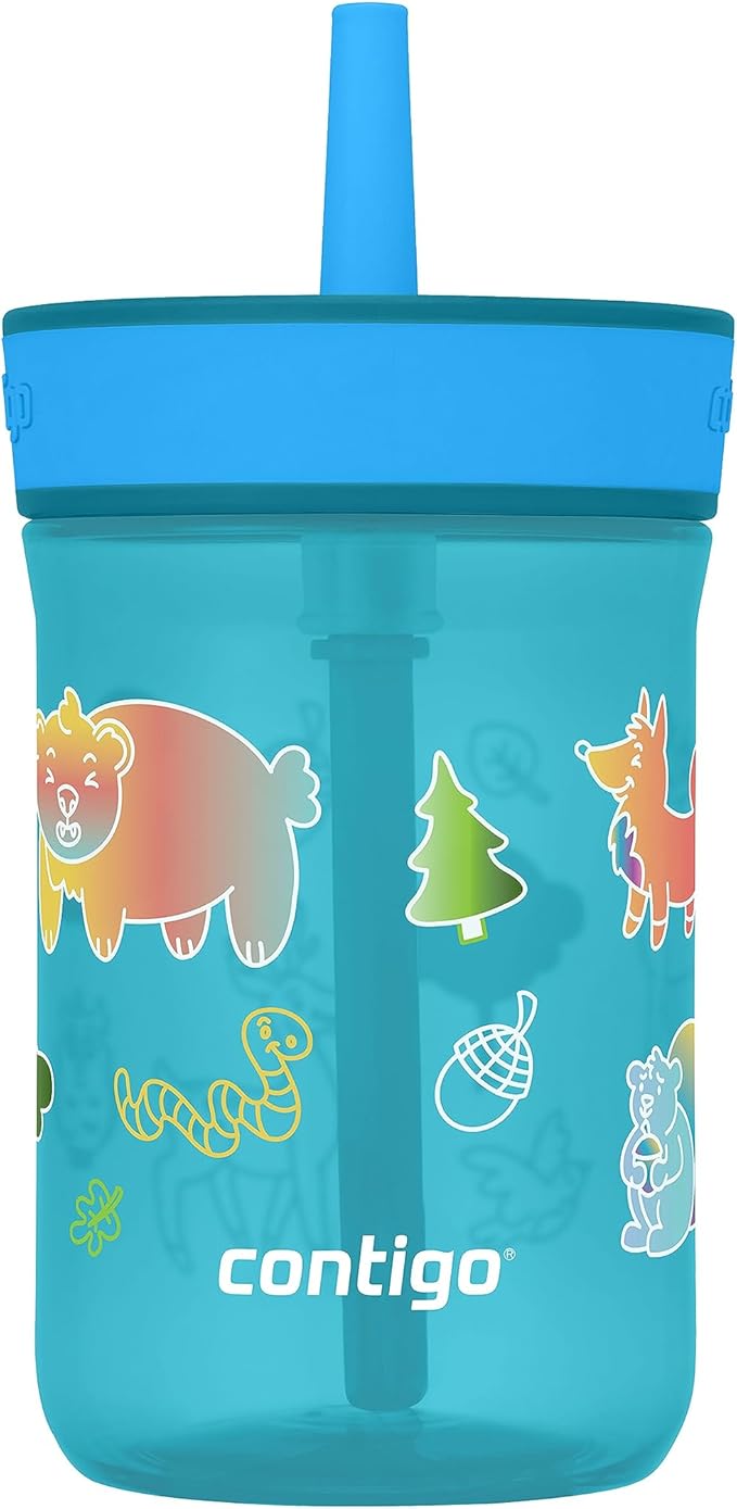 Contigo Kids’ Leighton Straw Tumbler with Spill-Proof Leak-Proof Lid 14oz Juniper/Blue Forest