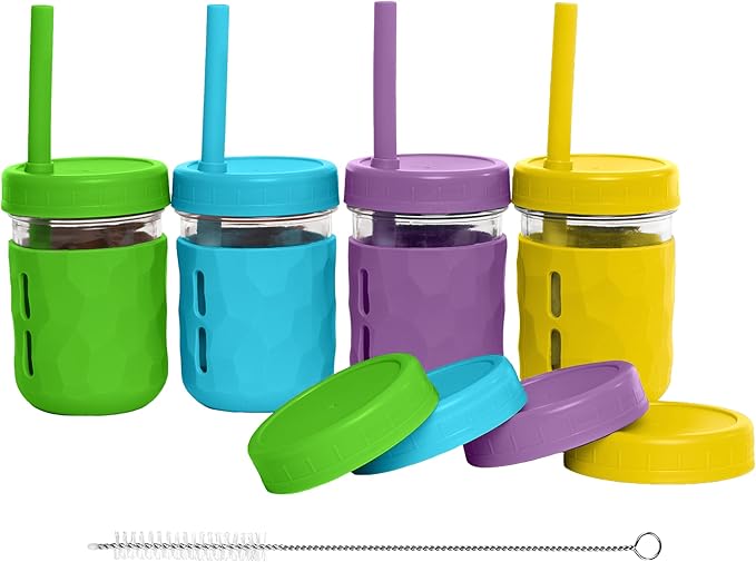 WeeSprout Glass Cups With Lids & Straws, Spill-Resistant Smoothie Jars for Toddlers & Kids, Baby Food Storage & Snack Containers, XL Silicone Straw, Easy-grip Sleeves, Set of Four, Dishwasher Safe