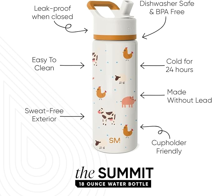 Simple Modern Kids Summit Water Bottle with Straw Lid | 18oz Stainless Steel Cup Insulated Tumbler for Toddlers, School | Farm Animals