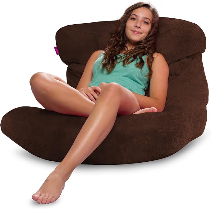 Posh Creations Structured Comfy Bean Bag Chair for Gaming, Reading, and Watching TV, Laguna Lounger, Rabbit Fur - Brown