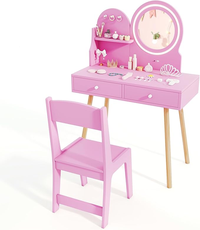 HONEY JOY Kids Vanity, Little Girls Vanity Set with Mirror and Stool and Lights, Drawers, Toddler Makeup Vanity Dressing Table, Wooden Pretend Play Kids Vanity Table and Chair Set (Pink)