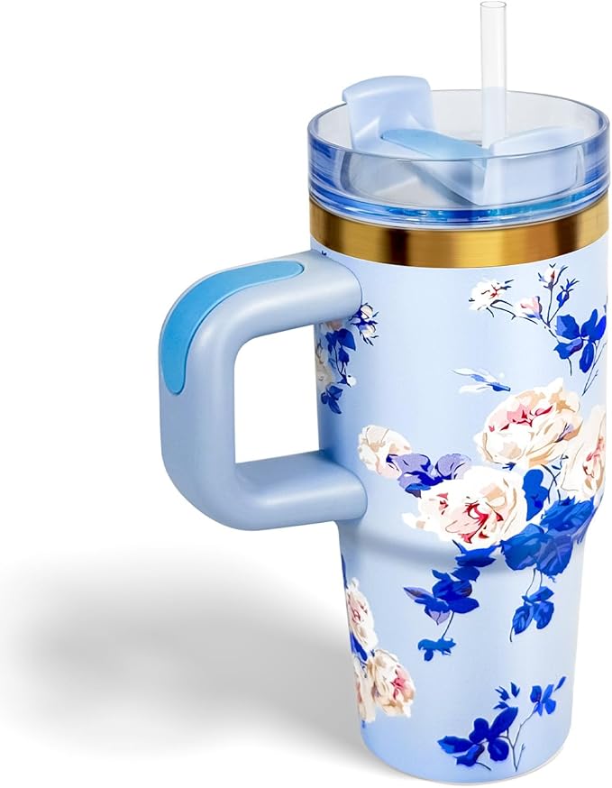 14 oz Tumbler with Handle and Straw, 14oz Toddler Tumbler with Lid and Straw for Kids Stainless Steel Tumblers, Outdoor Sports Travel School Gift, Keeps Drinks Cold up to 24 Hrs(Blue Flower)