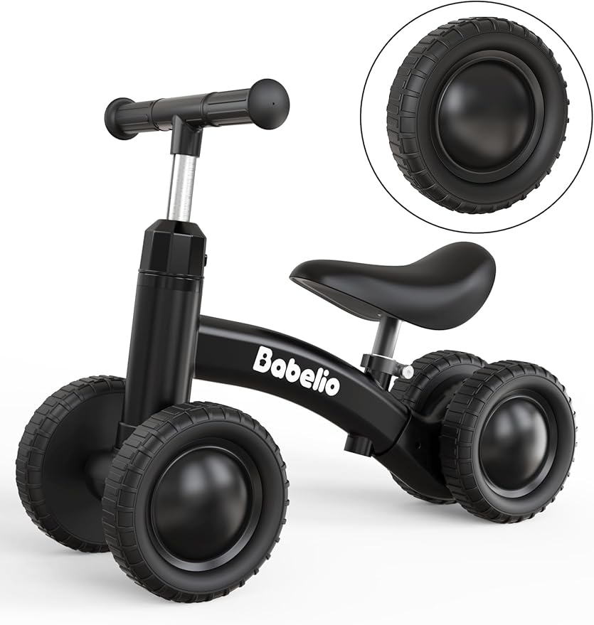 BABELIO Baby Balance Bike for 1 Year Old Boys Girls, 10-36 Month Toddler Balance Bike, 4-Wheel Off-Roader Design, Adjustable Seat & Handlebar - Black