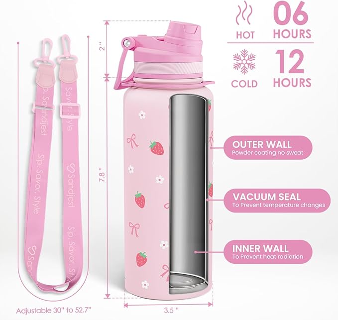 SANDJEST Strawberry Stainless Steel Water Bottle with Strap 32oz, Insulated Bottles with Straw and Spout Lid for Gym Sports Travel Outdoor, Gifts for Women Girls Birthday Christmas