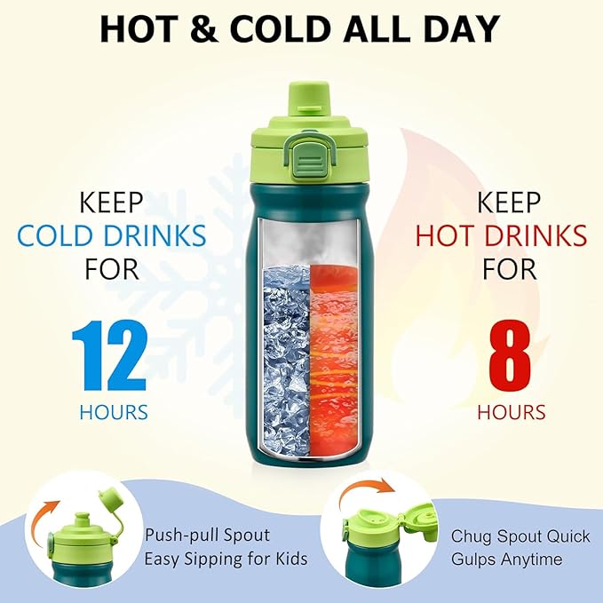 Bento Lunch Box for Kids with Thermos, Leakproof Bento Box with 8oz Insulated Food Jar, Insulated Bottle, Lunch Bag, BPA Free Dishwasher Safe 4 Compartment Container for School Girls Boys (Green)