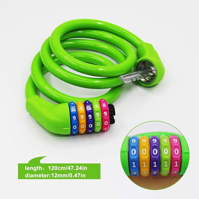 Bike Lock Cable - 4 Feet Resettable Cable Lock - Self Coiling 5 Digit Combination Bicycle Lock (Green)