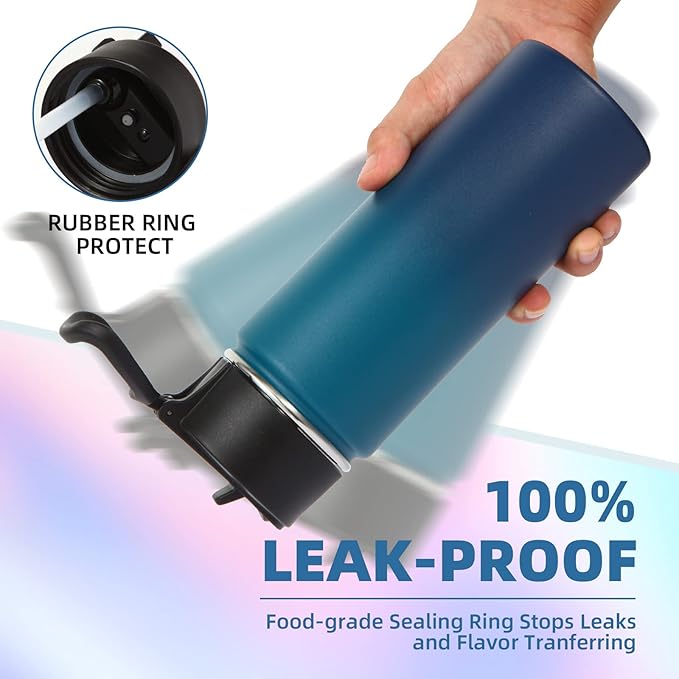 Volhoply 16 OZ Kids Water Bottle Bulk 8 Pack,Insulated Sports Bottles with Straw Lid,Stainless Steel Bottle with Handle Keep Cold & Hot,Double Wall Vacuum Tumbler Cups for School(Dark Night, 8)