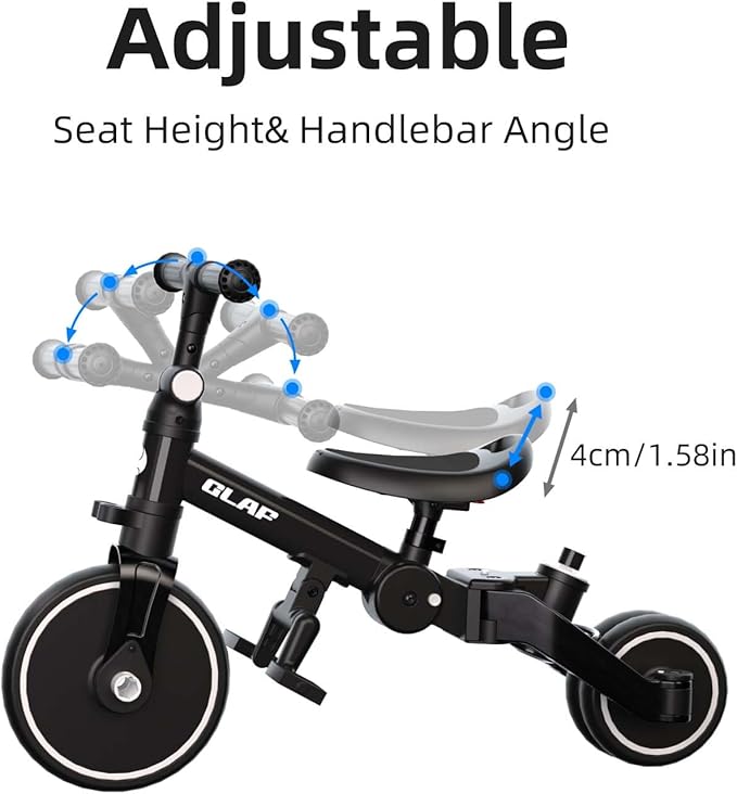 Glaf Toddler Bike Tricycle with Push Handle for 1-3 Years Old Baby Boys and Girls Kids Trike Balance Bike Birthday Toy with Removable Pedals Adjustable Seat Height and Backrest (Black)